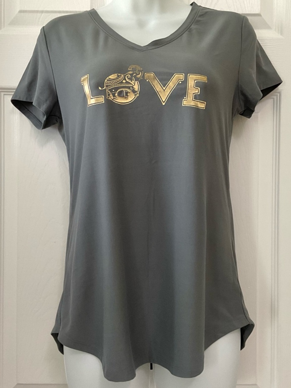 Grey Short Sleeve V-Neck Top with Gold
